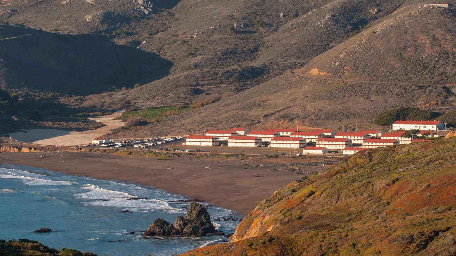 A view of Fort Cronkhite buildings from afar. 