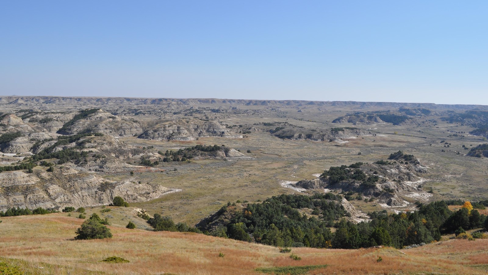 A view looking down into a deep valley, with small buttes topped by dark trees.