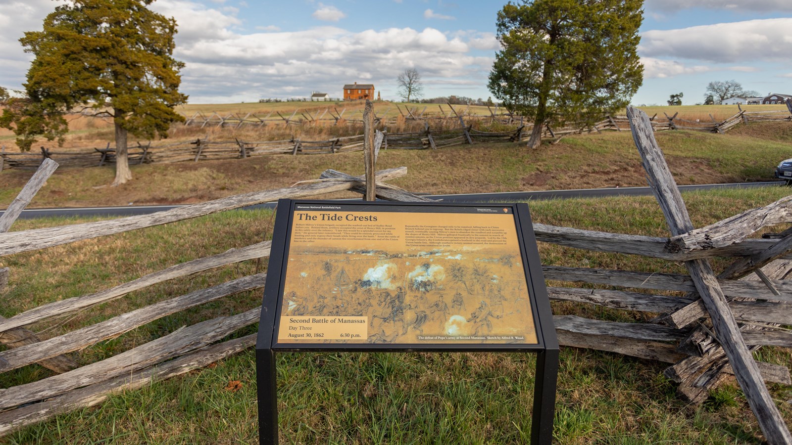 A sketch depicts the defeat, soldiers fight and smoke rises in the air. 