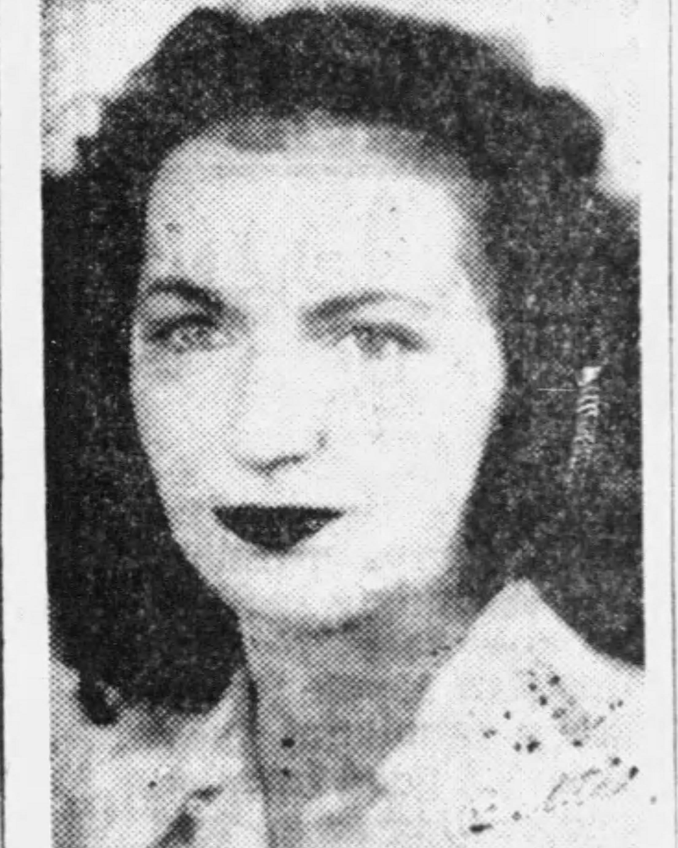 Newspaper Clipping with a portrait of a young woman with dark full hair.