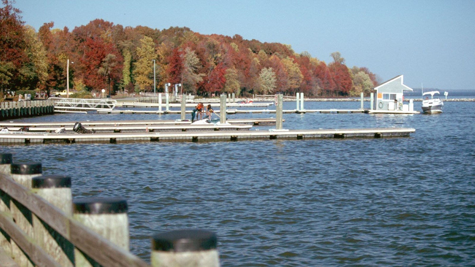 Piers along a river in autumn. 