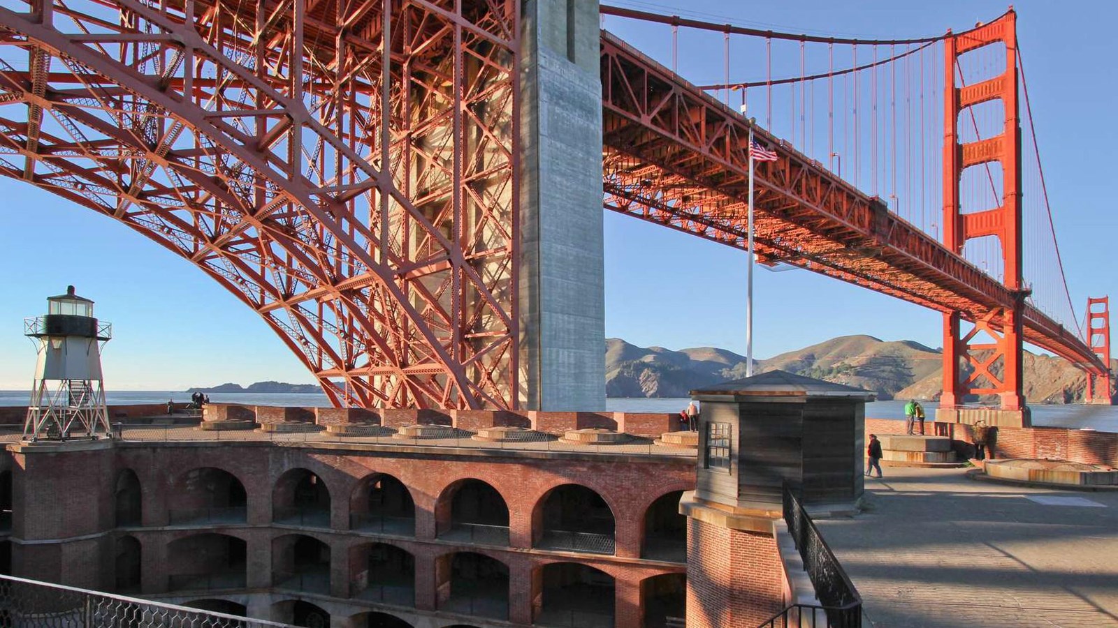 View from the roof of Fort Point with the Golden Gate Bridge in the background. 