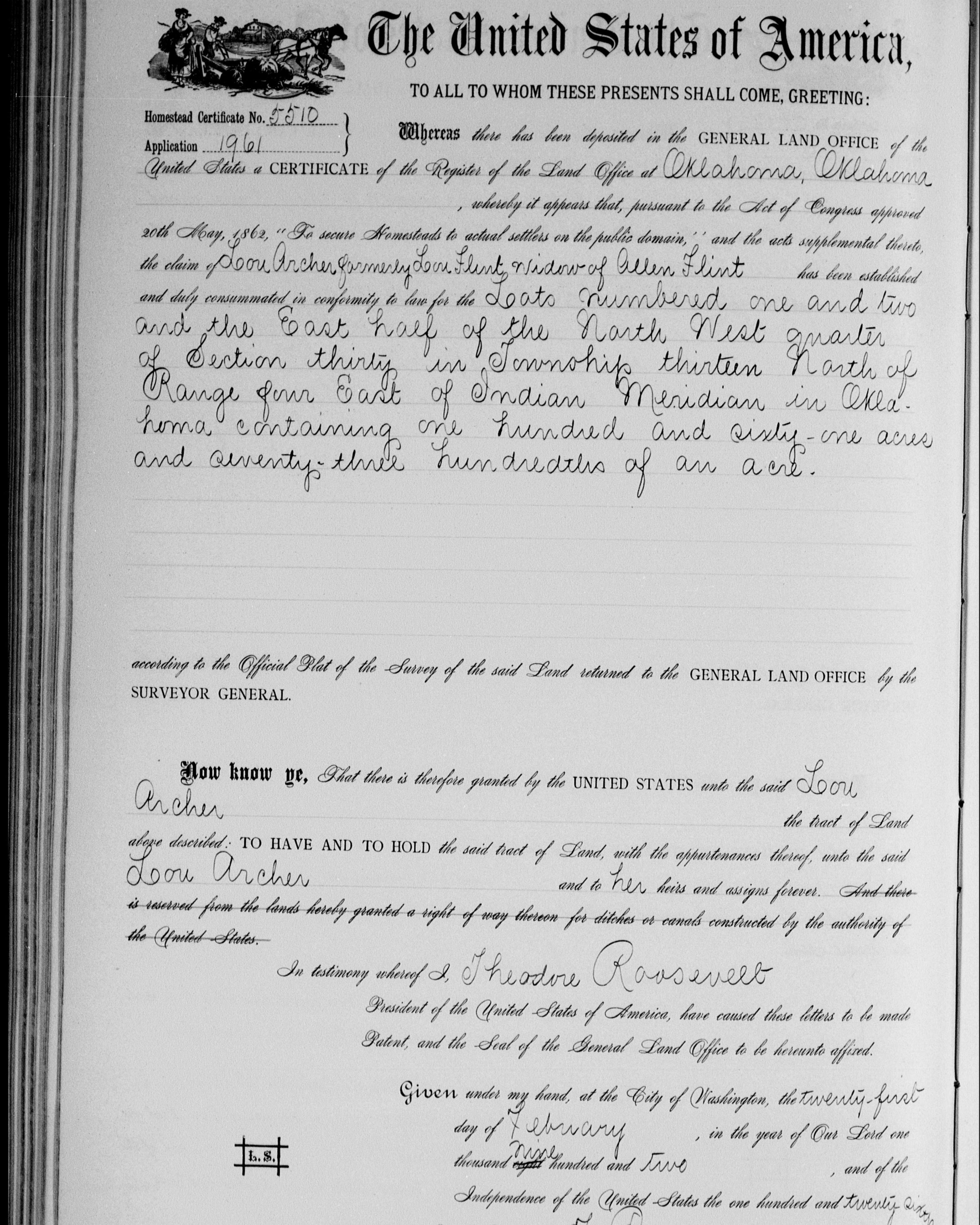 Scan of homesteading patent issued to Lou Archer under Theodore Roosevelt's presidency.