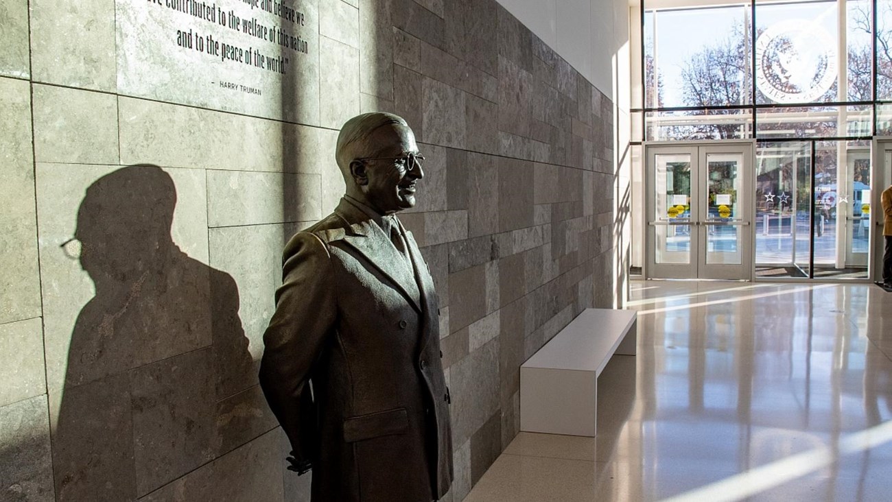 Statue of Harry S Truman in lobby of his Library