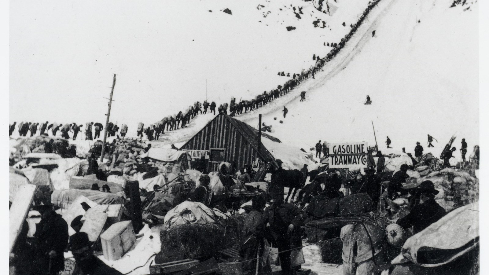 Historic tent city and a single file line of people hiking the Golden Stairs over Chilkoot Pass