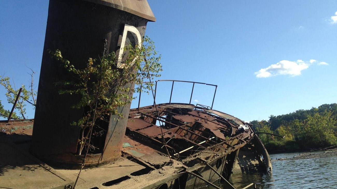 A rusty old metal ship with a large letter D sits half sunk in a waterway. 