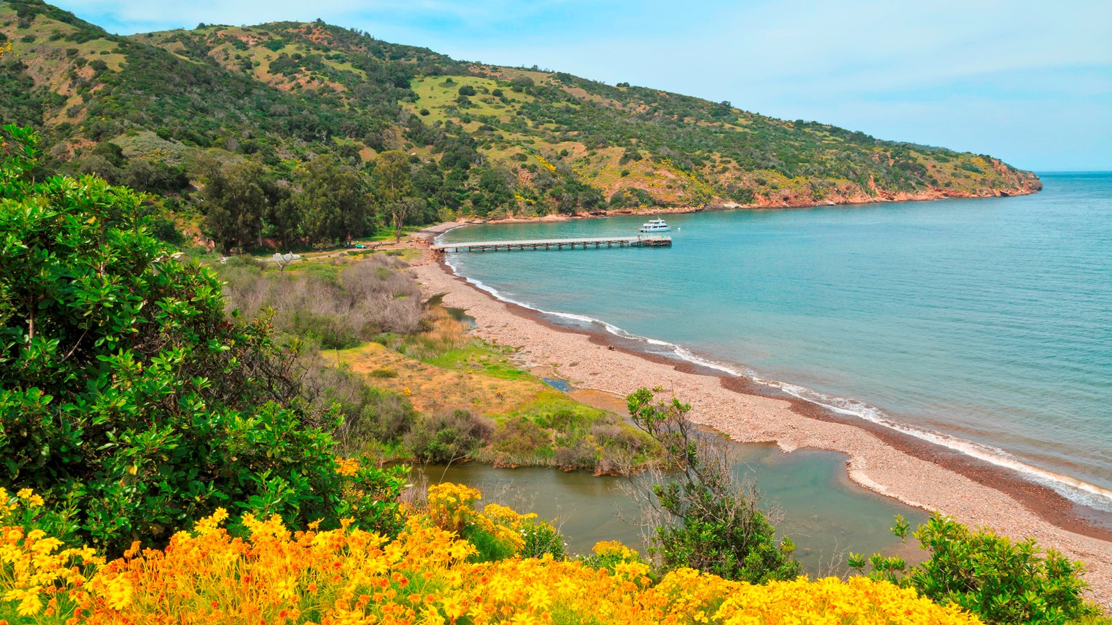 small harbor with a rocky beach and a pier.