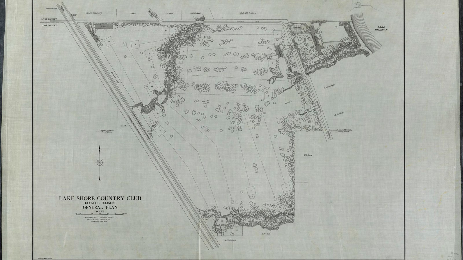 Plan of golf course with trees on edges an in between some holes
