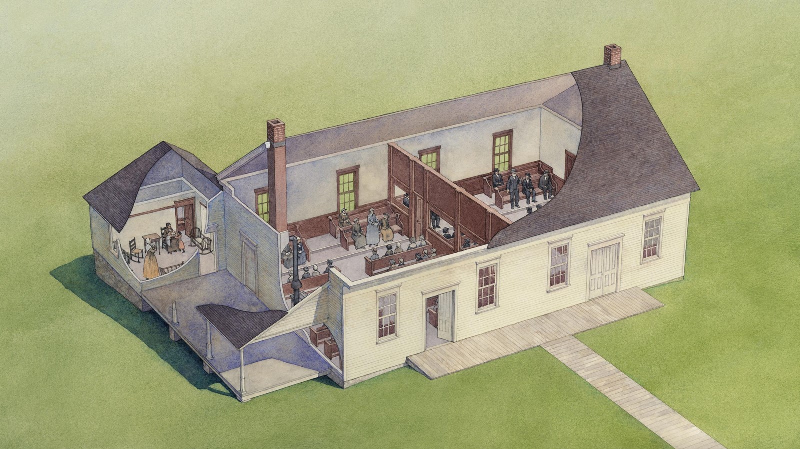 An overhead cutaway illustration shows the partitioned interior of a church building.