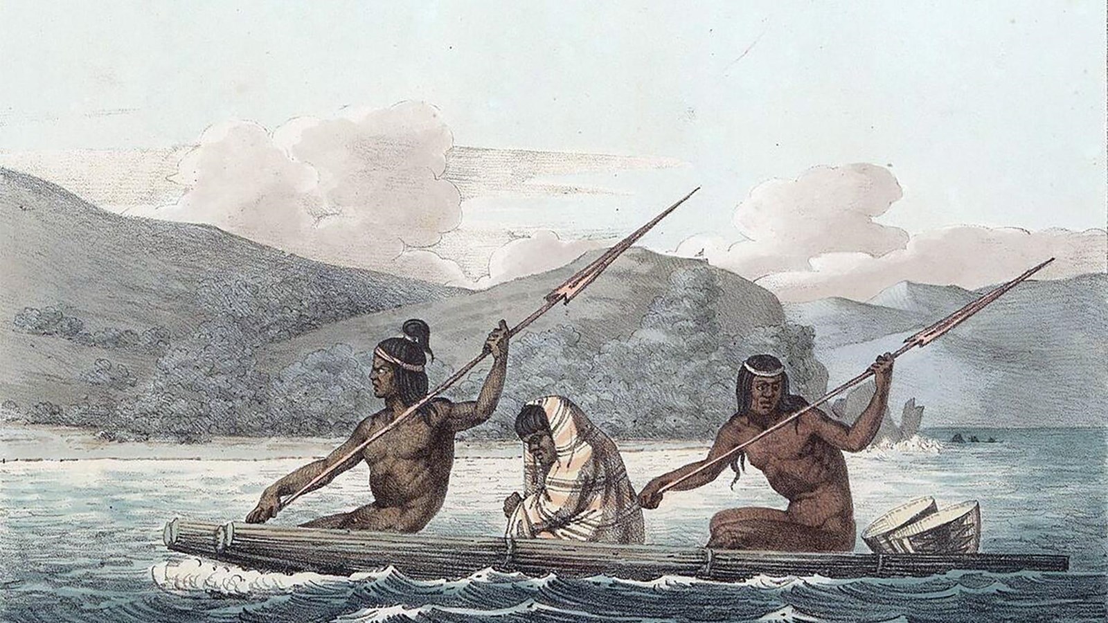 A painting of three indian men rowing a canoe. 