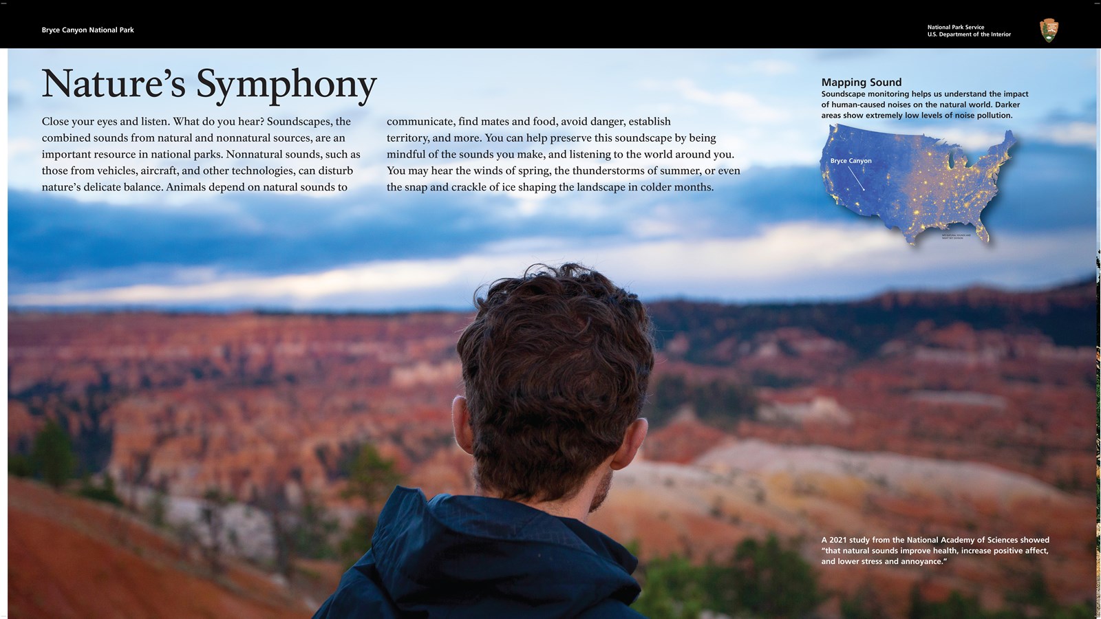 Wayside exhibit explaining how Bryce Canyon maintains natural soundscapes.