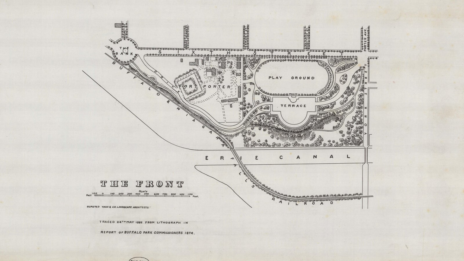 Pencil plan of park lined with trees, a playground and a terrace, lots of tree in between