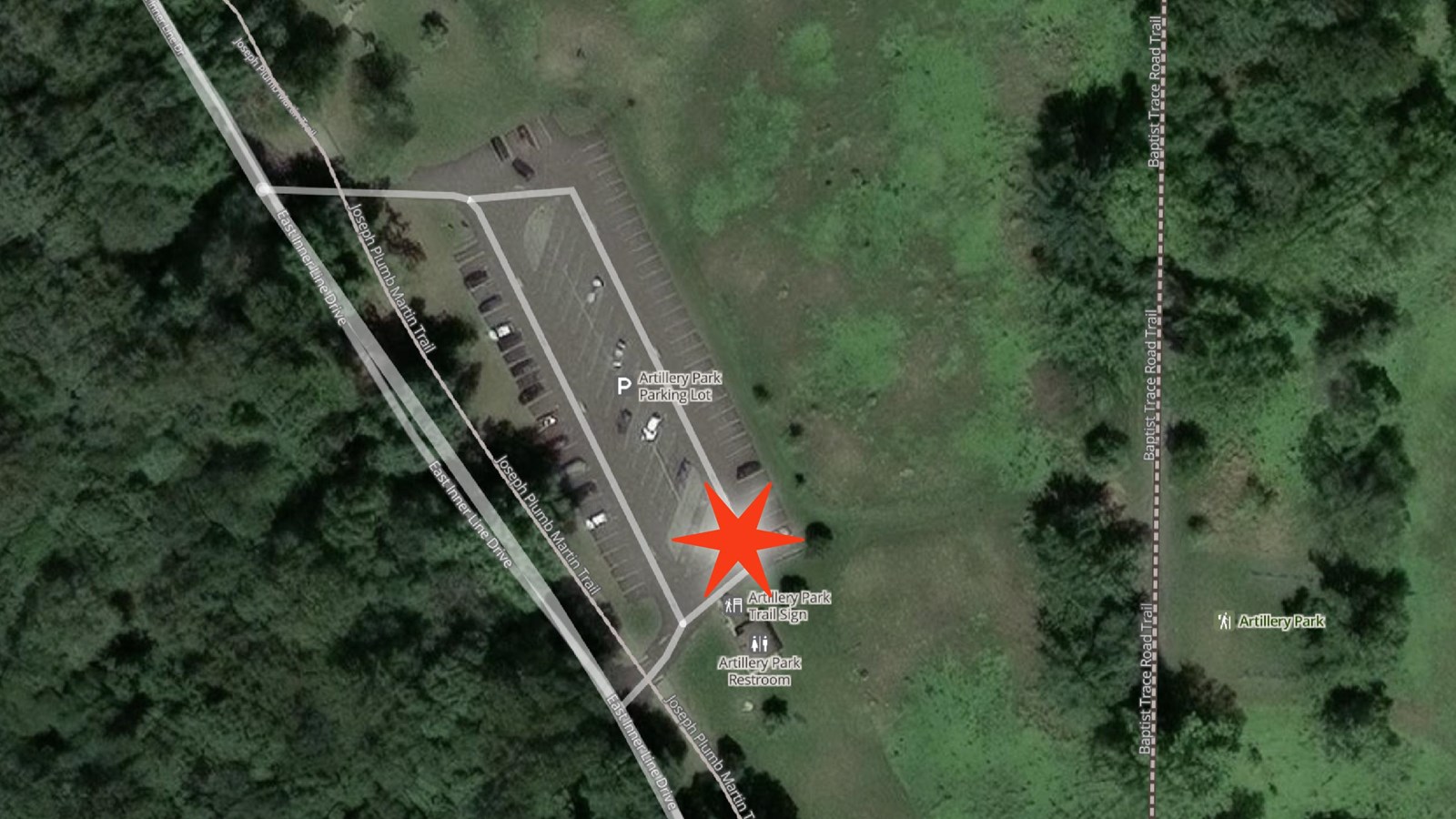Aerial photo of Artillery Park area with red star in parking lot next to restroom