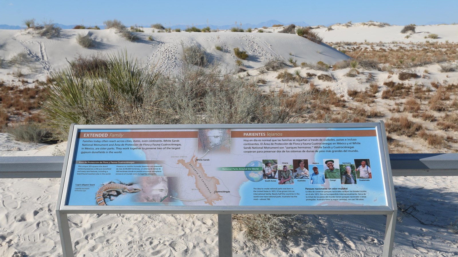 Interpretive sign the explains the relationship between White Sands and its\' sister park.
