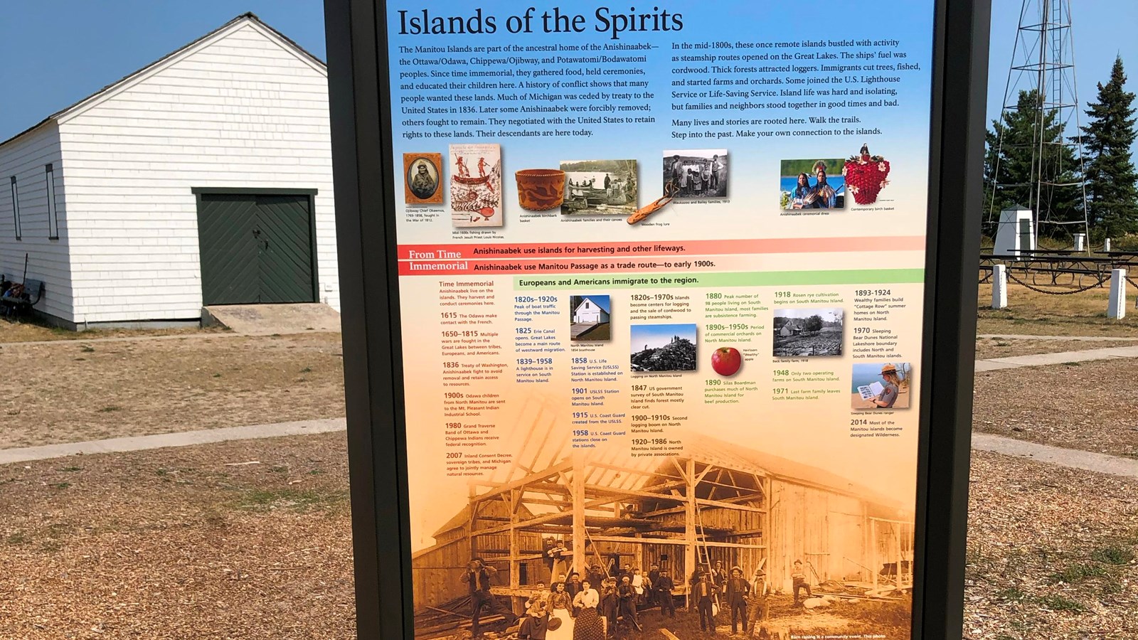 An informational sign including a timeline of Anishinaabek and European immigrant history
