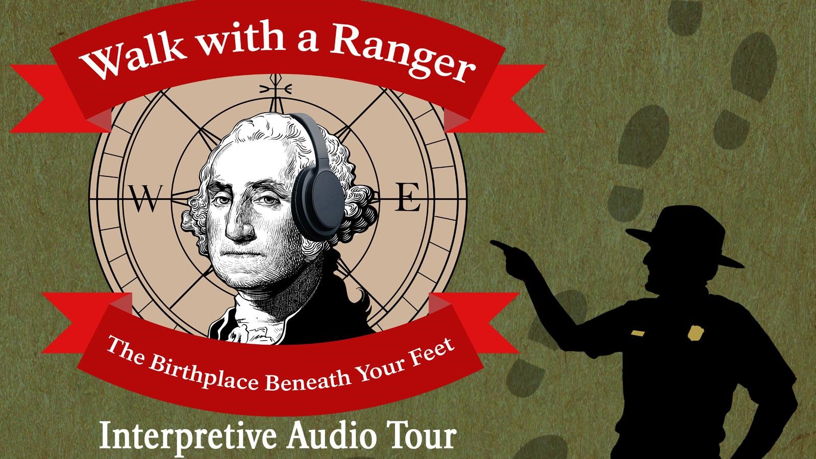 A silhouette of a park ranger pointing at a logo