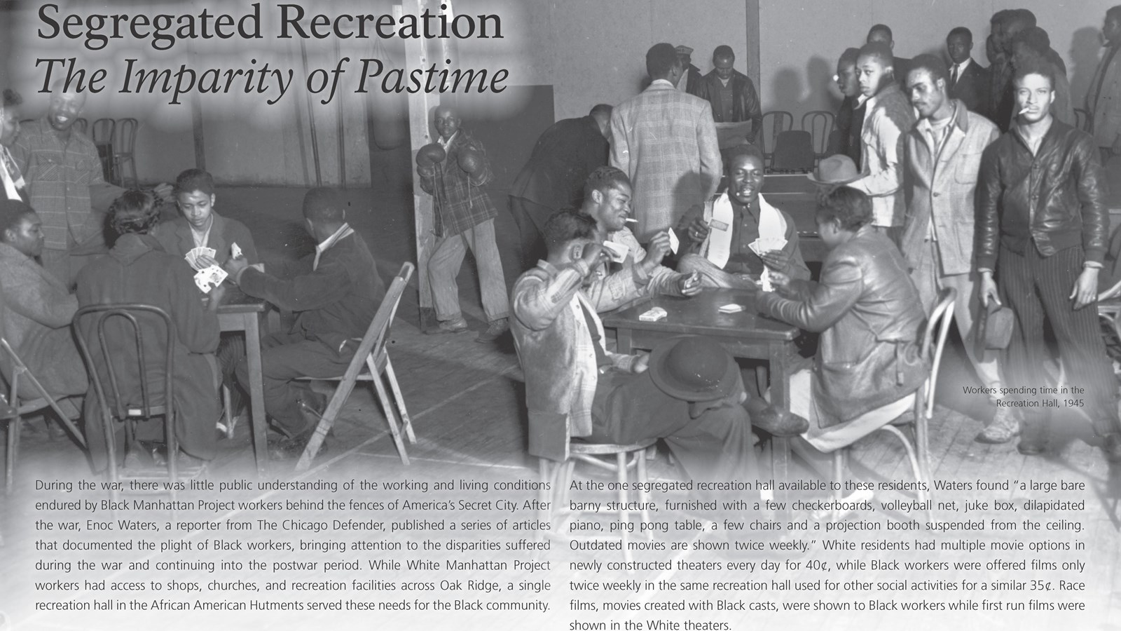 A wayside exhibit with text and an image of several African American workers inside a rec hall.