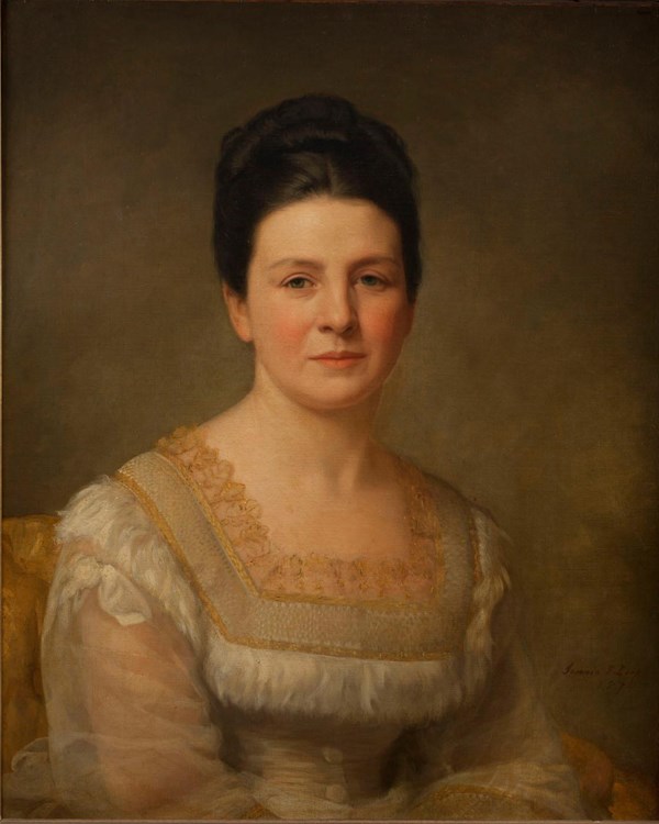 Painted sitting portrait of Martha wearing a white dress, gazing at viewer. 
