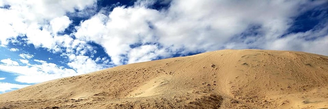 Sand dunes under a cloudy blue sky