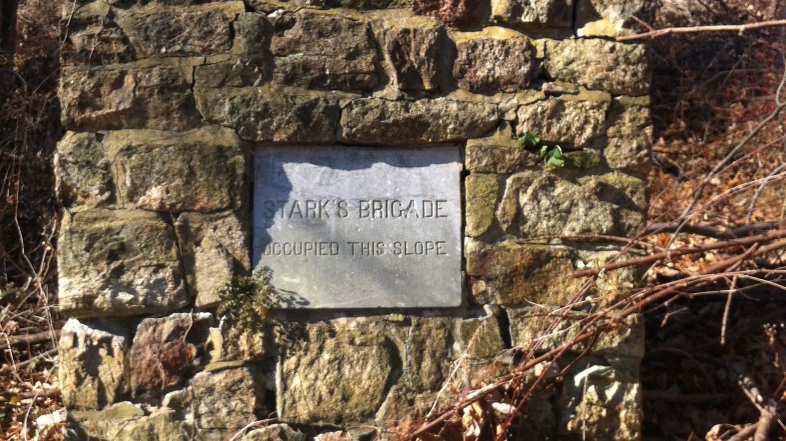 A cube of stone, three feet long, with a flat inscription on one side, on a mountain slope.