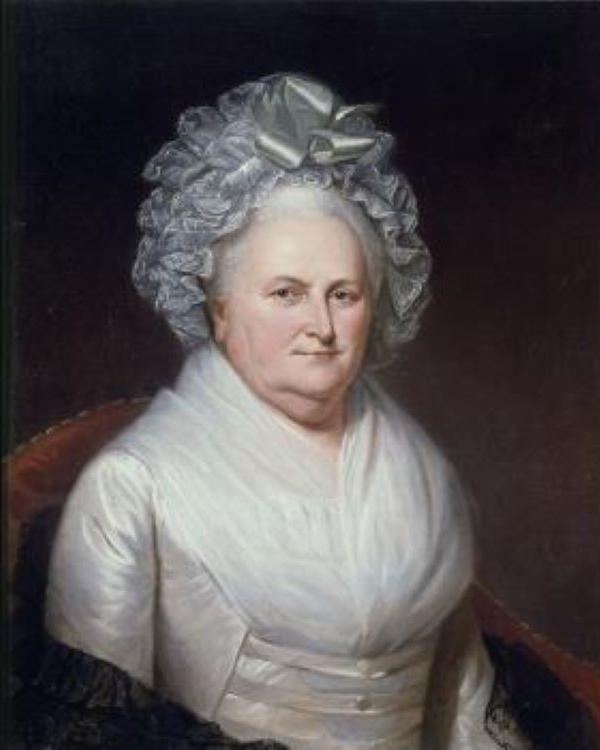 Half-length portrait of Martha Washington seated, facing 3/4 right. White mobcap and light dress