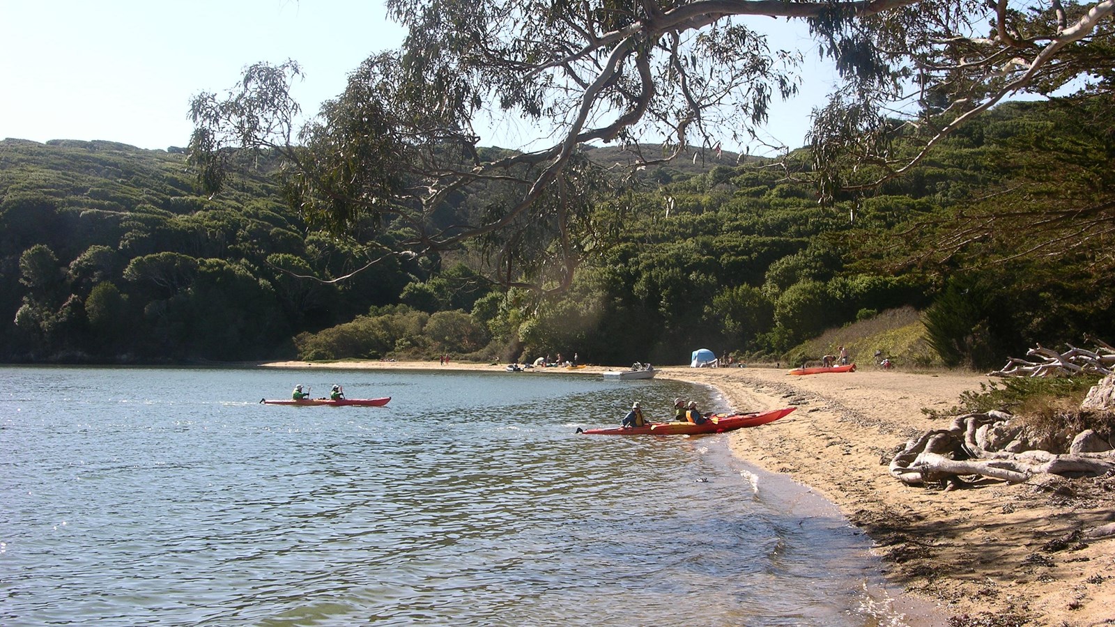 Paddlers in three kayaks land on a sandy beach. Tents and campers populate the far end of the beach.