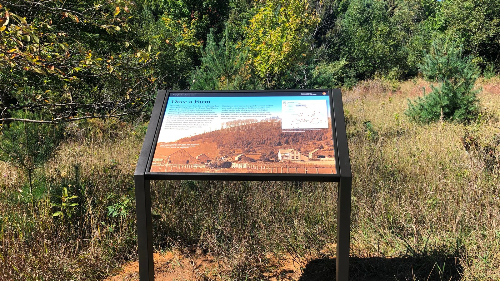 An informational sign stands in a grassy area interspersed with trees
