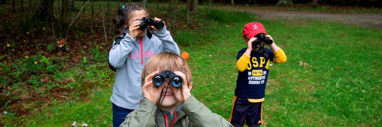 Three children hold up binoculars to watch wildlife in Acadia National Park.