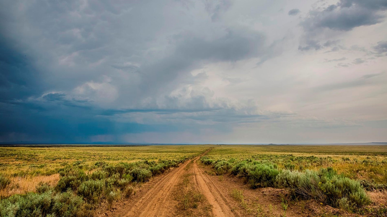 a dirt road stretching across a wide, brush covered landscape on a stormy day