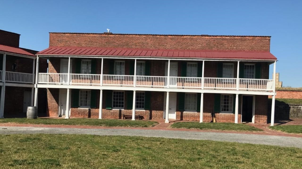 A modern day image of the outside of the junior officers\' quarters.