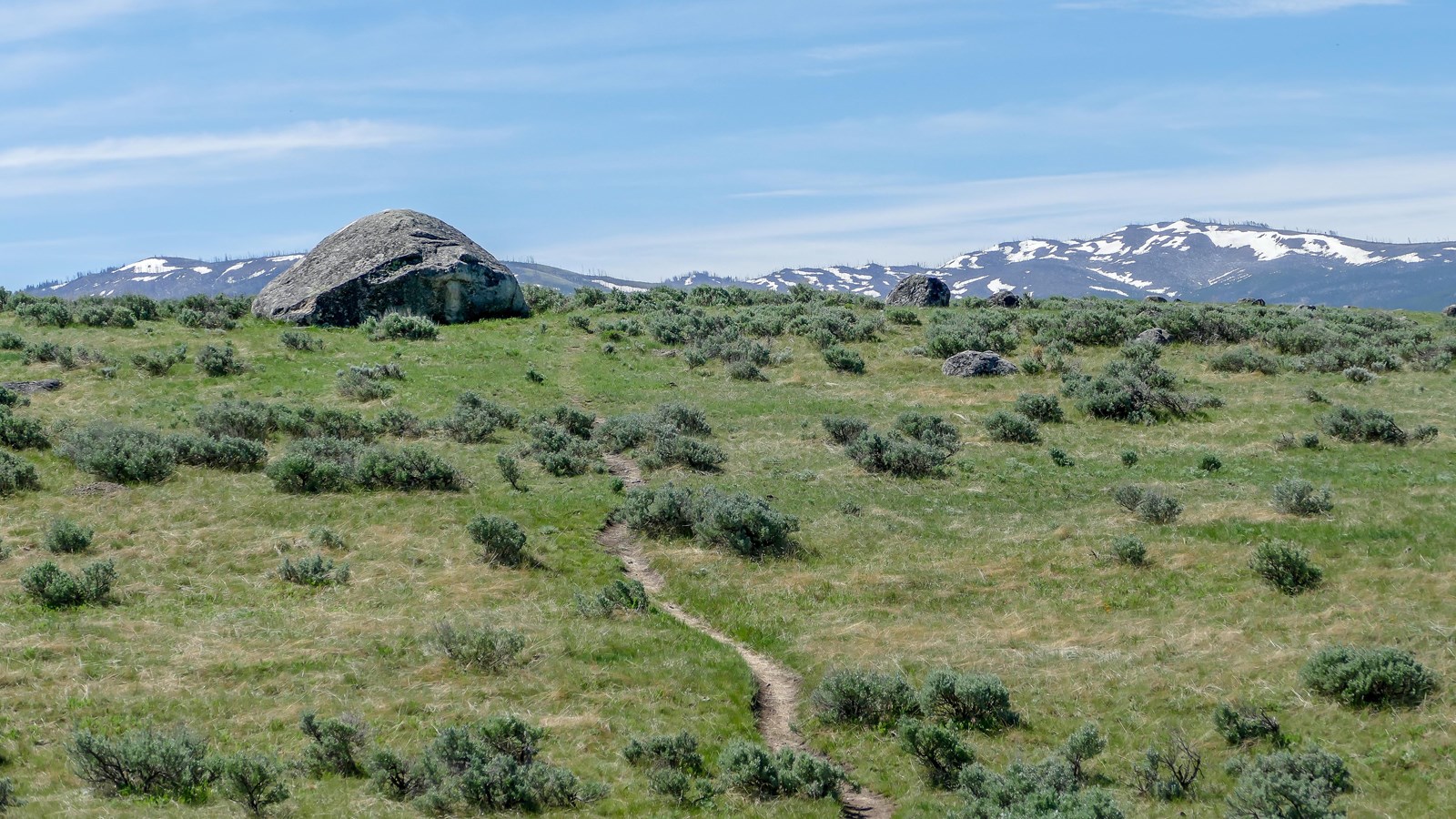 Large, gray boulders sit in a field of sagebrush.