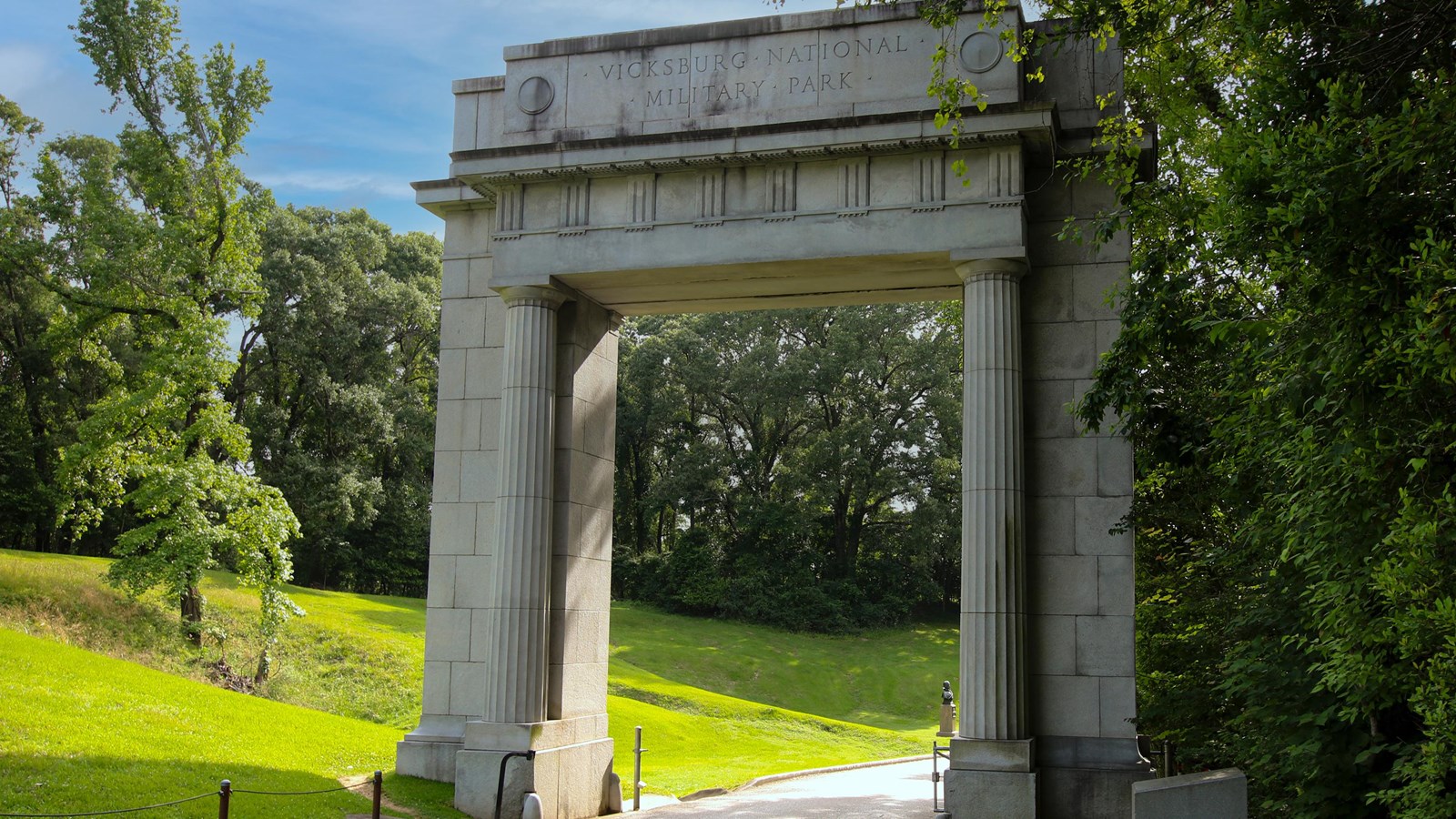 A view of the memorial arch at the tour road entrance.