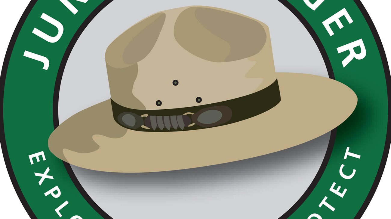 Junior Ranger logo with ranger flat hat, words read Explore, Learn, Protect