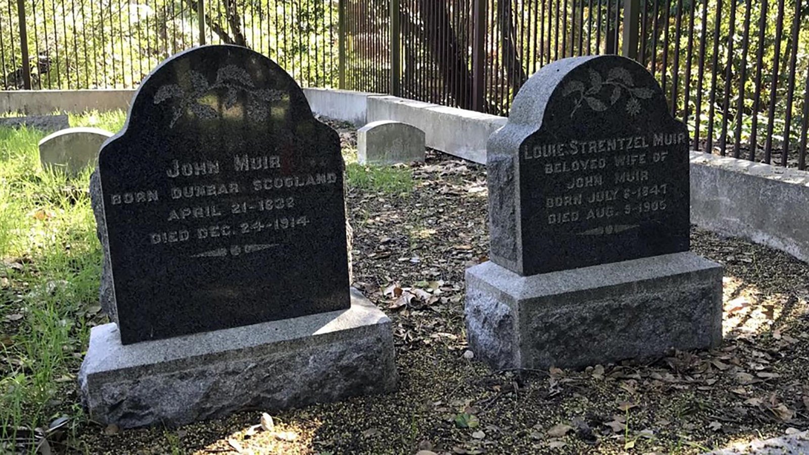 Two gravestones are sitting in the plot. Left gravestone for John Muir and right for Louie Muir.