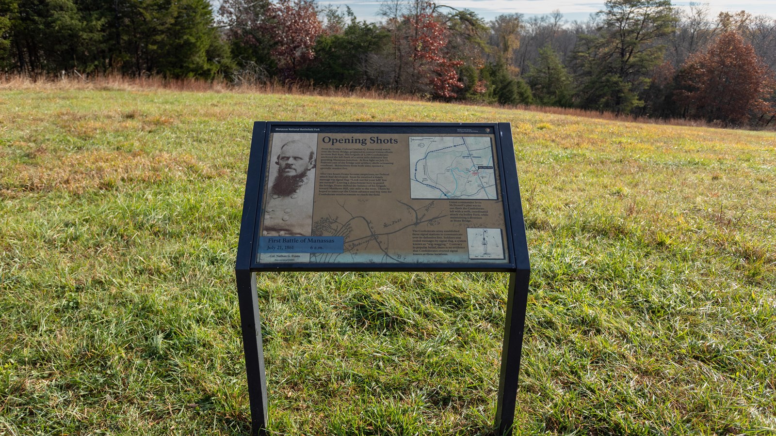 A picture of Col. Nathan Evans sits is displayed next to a map of Manassas Battlefield. 