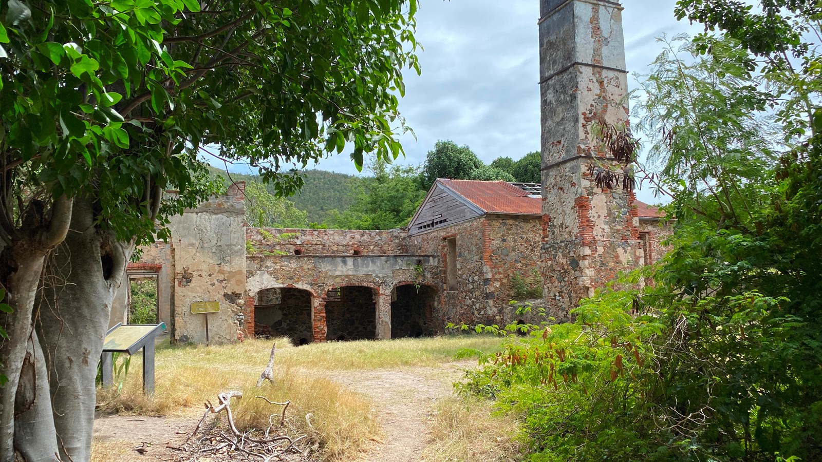 Tall trees frame a large factory built of stone and brink.