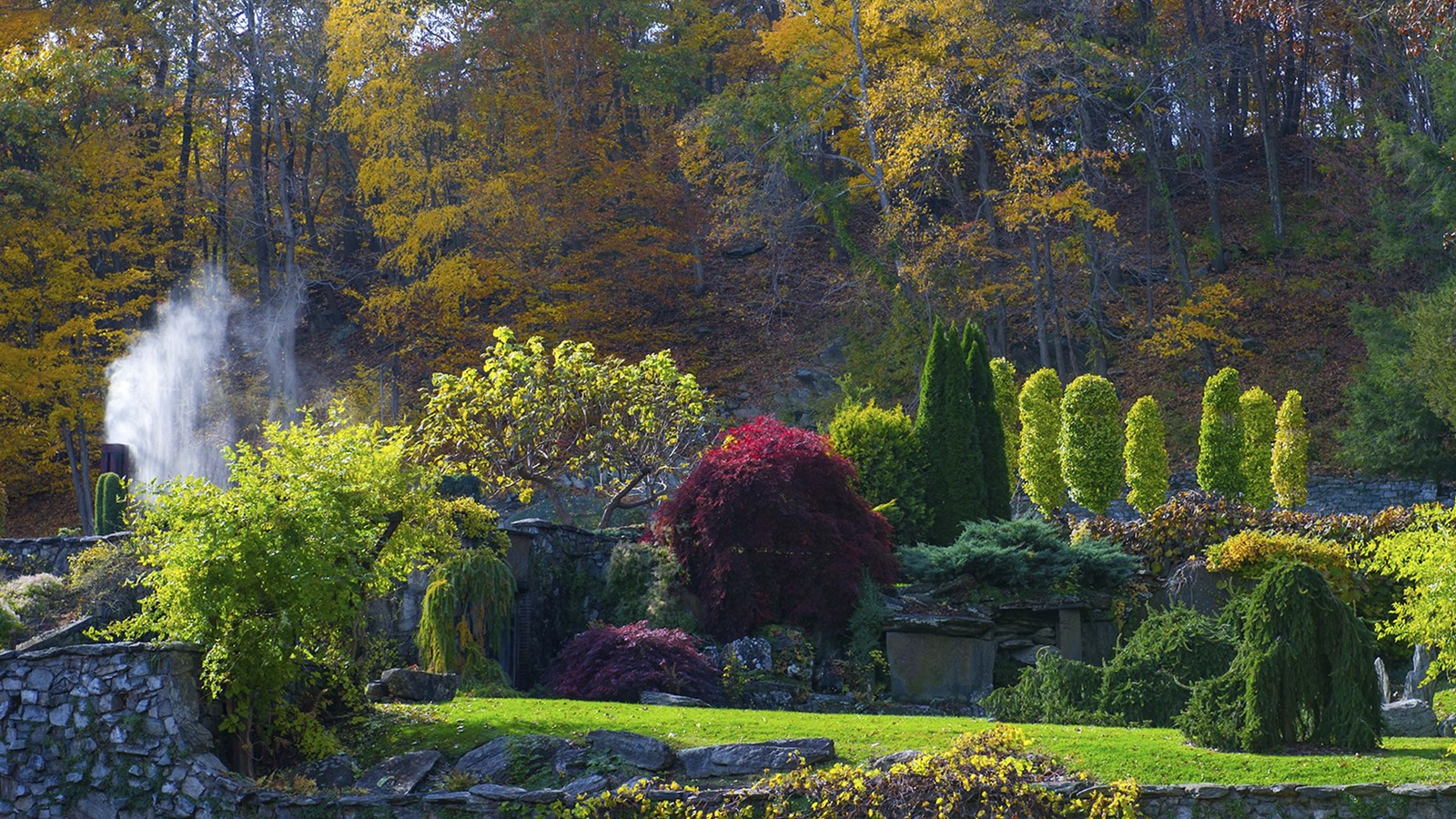 Park setting with colorful trees, stone wall, and water spout in the background