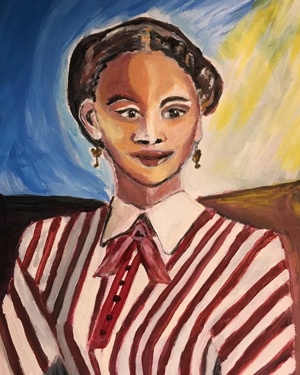Painting of a black woman seated wearing a red and white striped blouse.