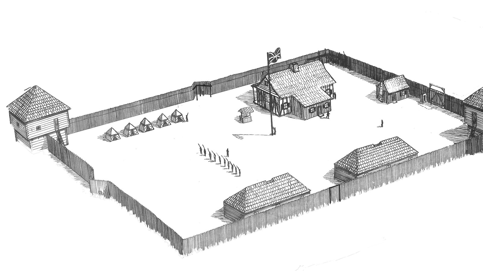 Drawing of a fort with two blockhouses and a British flag in the center. 