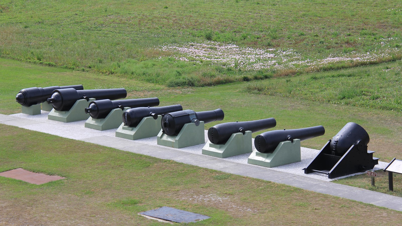 Row of eight artillery pieces mounted outdoors with grass field. Seven cannons and one mortar.