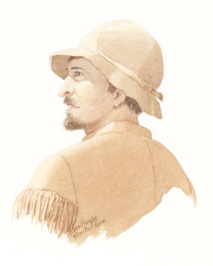 A painted profile portrait of a man from behind wearing a buckskin shirt and a hat