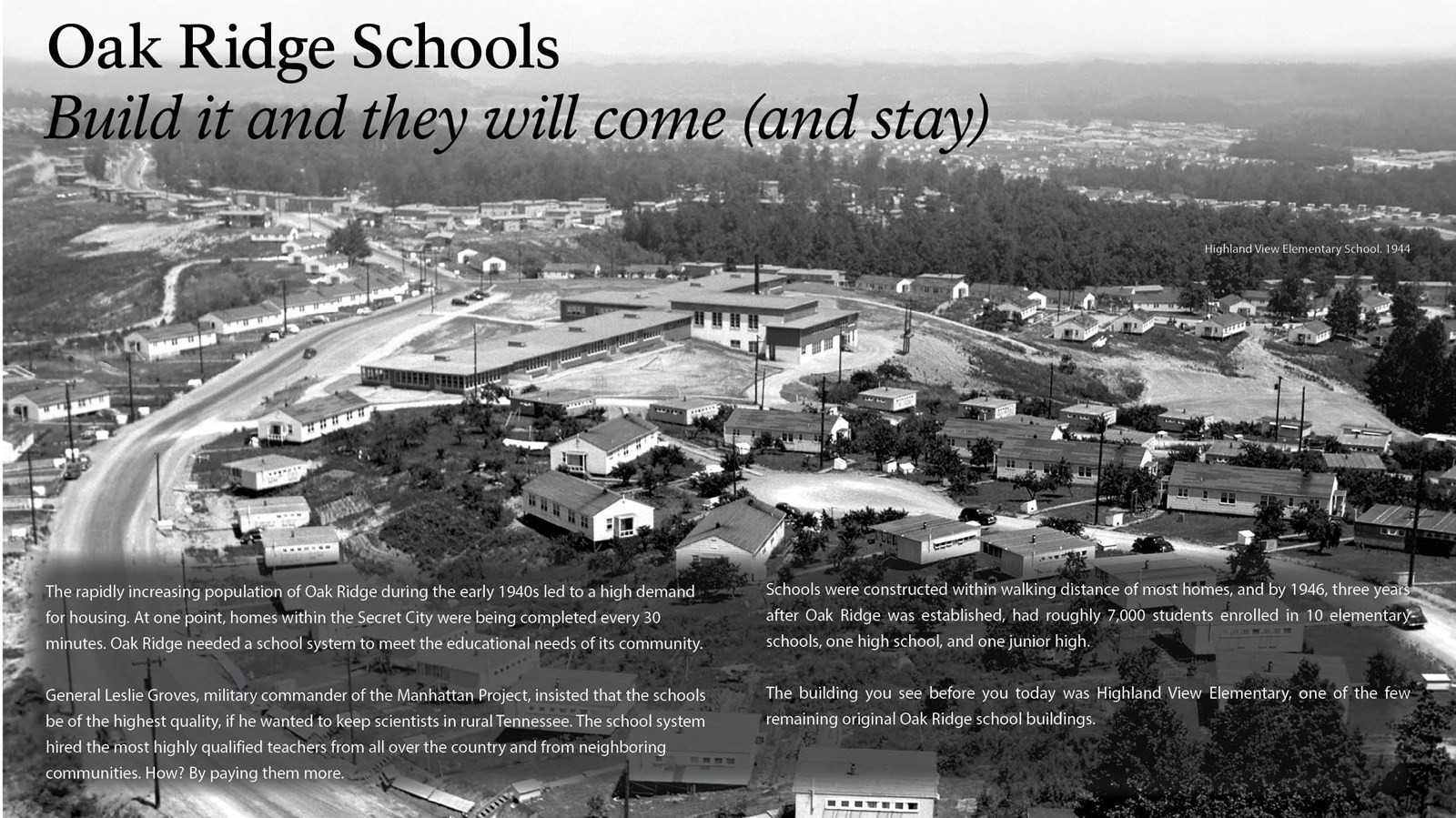 A wayside with text and an aerial image of a local school.