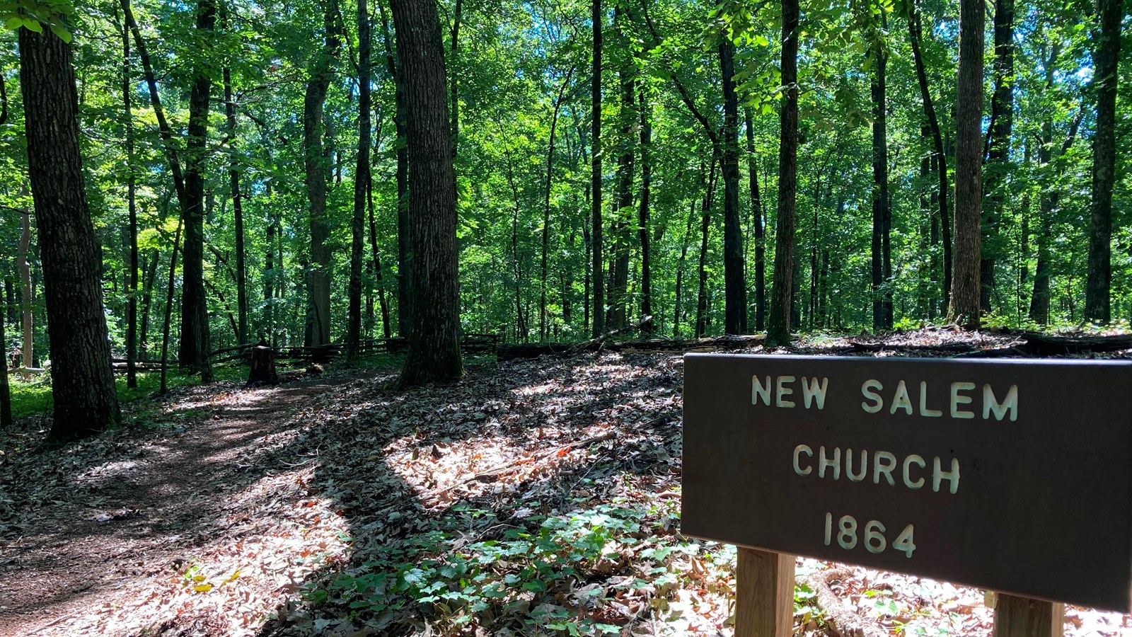A brown sign reading \'New Salem Church 1864\' sits in front of a heavily wooded background