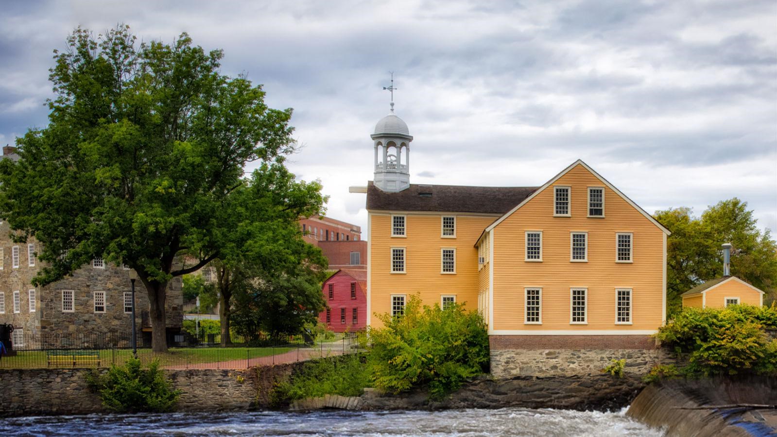 Cloudy day over looking the Wilkinson and Slater Mill buildings
