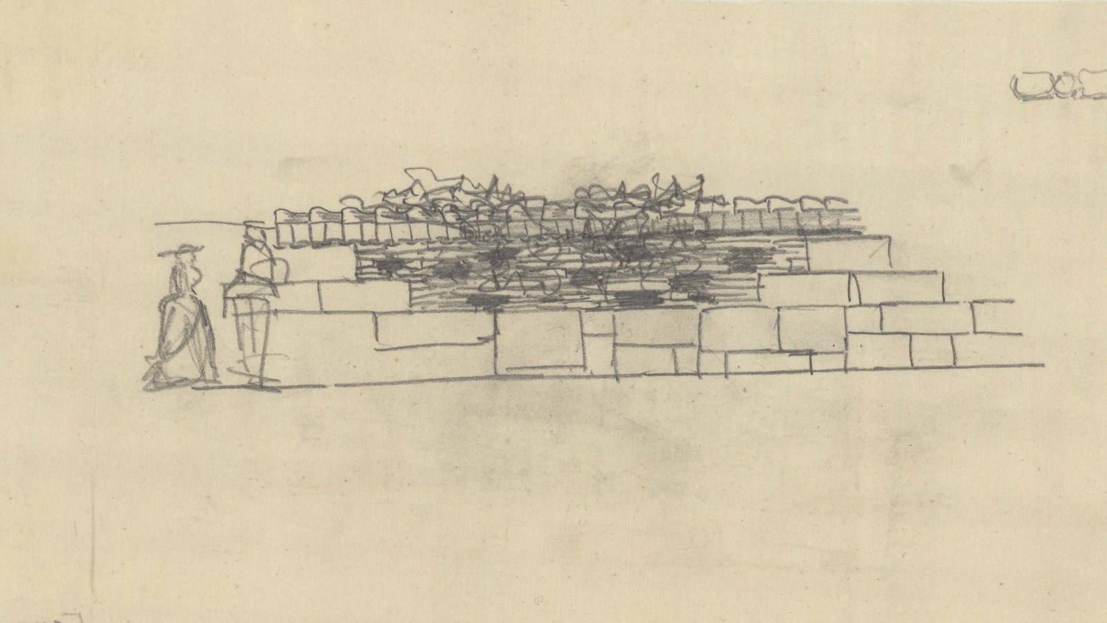 Pencil sketch of bridge of stone with man and woman standing next to it