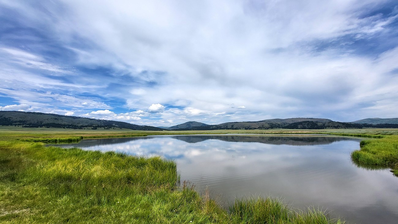 A large pond in the middle of a montane grassland with forested mountains in the background.