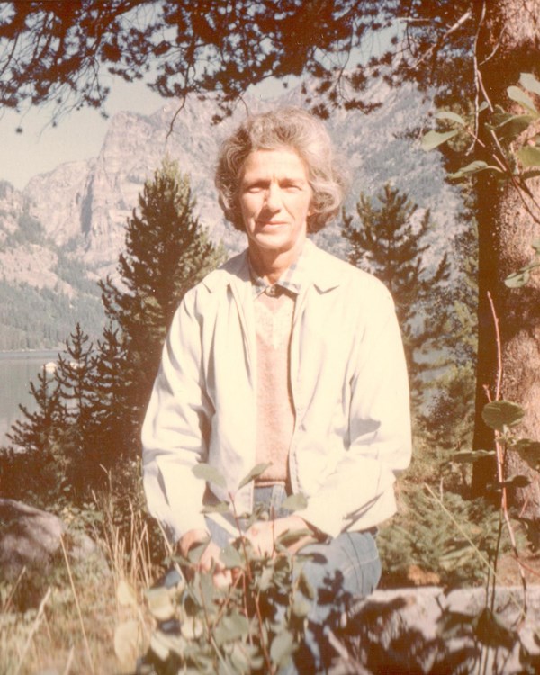 Picture of Mary Rockefeller at Jackson Hole, Wyoming. Background shows a lake and mountains.