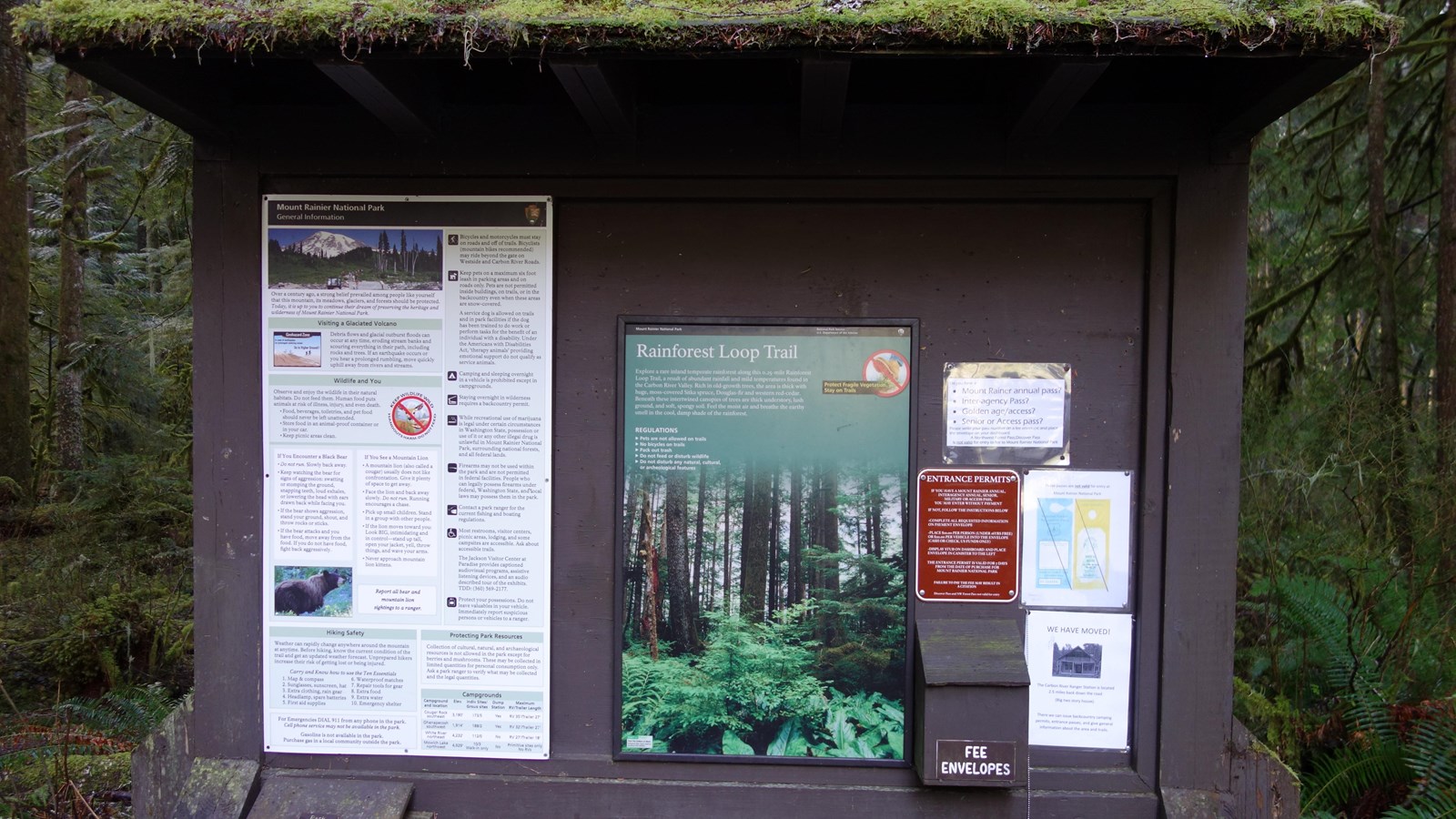 A vertical exhibit panel attached to a information board covered by a shallow roof covered in moss.