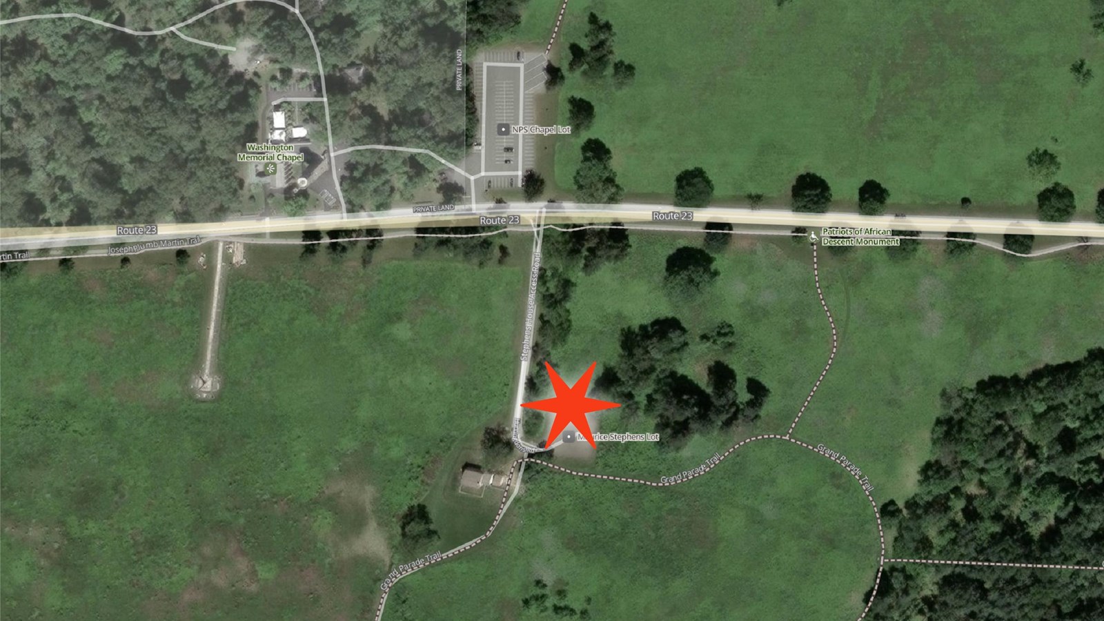 Aerial view of Maurice Stephens with star in the parking lot marking pick up drop off location.