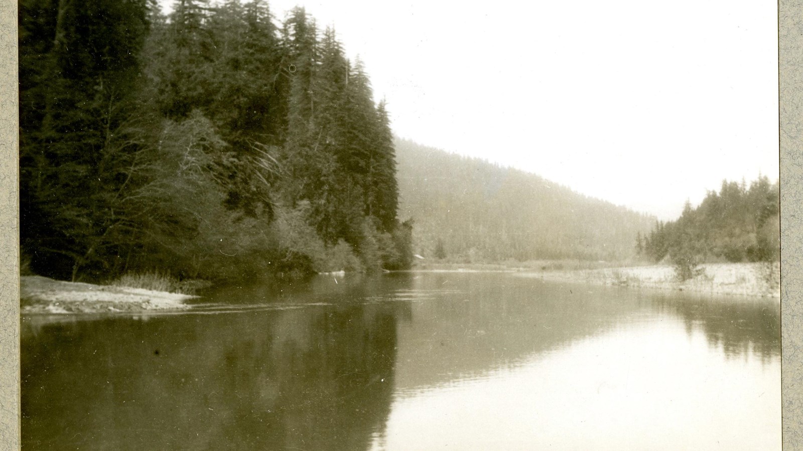 Black and white of body of water with large trees on both sides, mountain in distance with trees